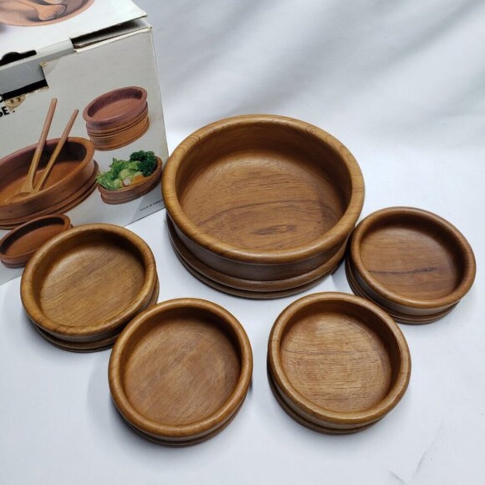 Vintage Teak Wood Salad Bowl Set in Box 5 Pieces